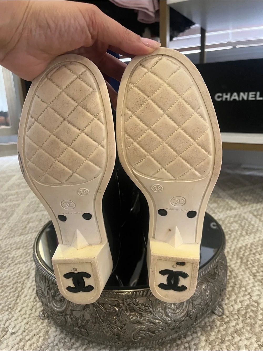 Authentic CHANEL Black Patent Rain Boots with Black and Cream Camellia